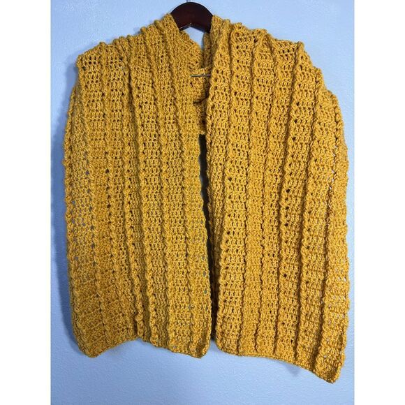 Cozy Mustard Yellow Knit Scarf Chunky Winter Warm Crochet Long Wrap Handmade - Picture 1 of 4